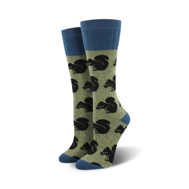 dark blue top, light olive green body. pattern of black squirrels. mid-calf length. womens. boot. outdoor theme.   