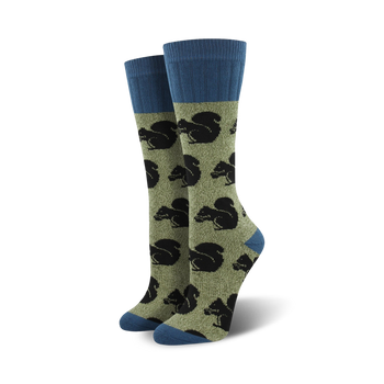 dark blue top, light olive green body. pattern of black squirrels. mid-calf length. womens. boot. outdoor theme.   