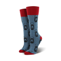 Pair of blue crew socks with a red cuff.  A repeating pattern of black oil lanterns is featured on the socks.