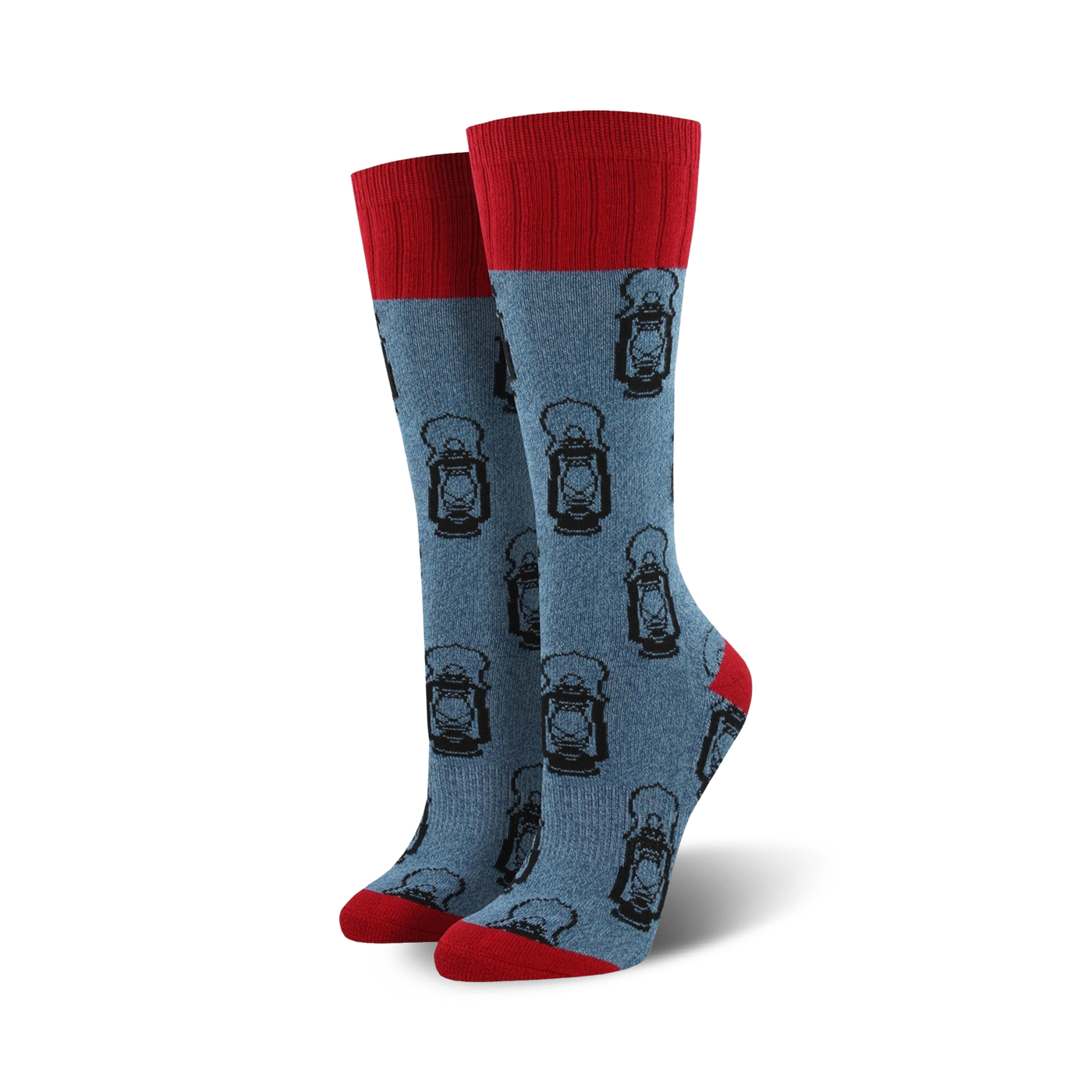 Pair of blue crew socks with a red cuff.  A repeating pattern of black oil lanterns is featured on the socks.