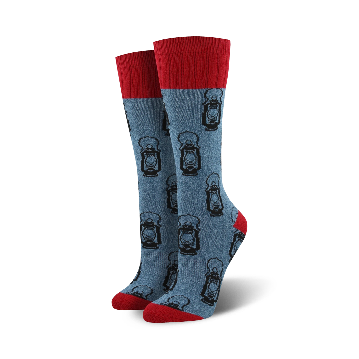 Pair of blue crew socks with a red cuff.  A repeating pattern of black oil lanterns is featured on the socks.