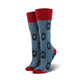  women's outdoor inspired boot sock in blue w/ red cuff & pattern of black lanterns.  