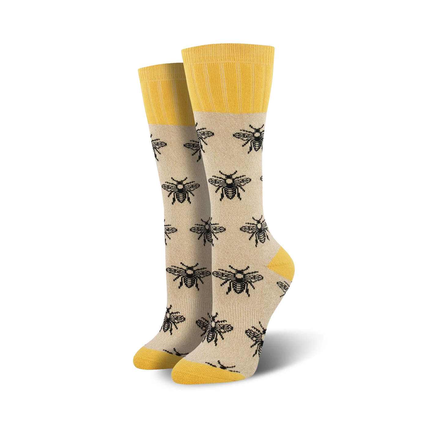 Pair of beige crew socks with black bee illustrations and yellow cuffs.