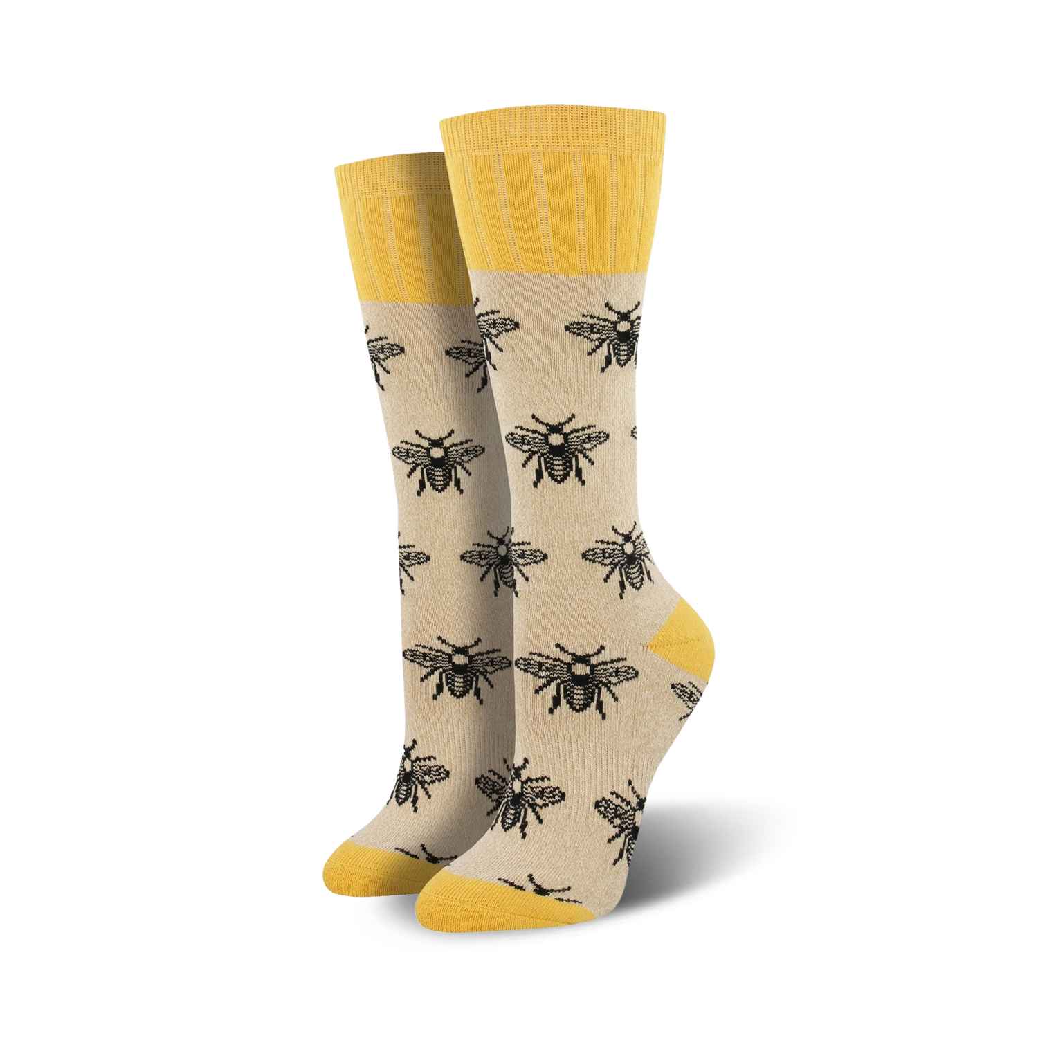 Pair of beige crew socks with black bee illustrations and yellow cuffs.