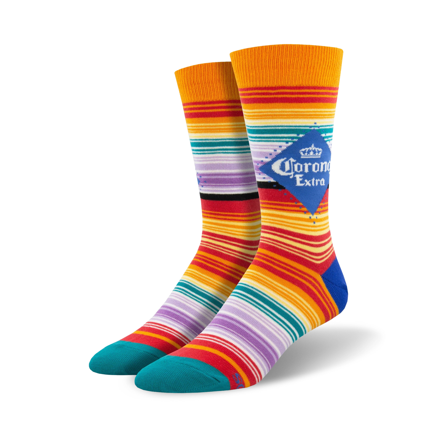 Pair of crew socks with multicolor stripes in orange, red, purple, and teal, featuring a Corona Extra logo.