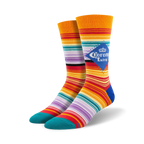 Pair of crew socks with multicolor stripes in orange, red, purple, and teal, featuring a Corona Extra logo.