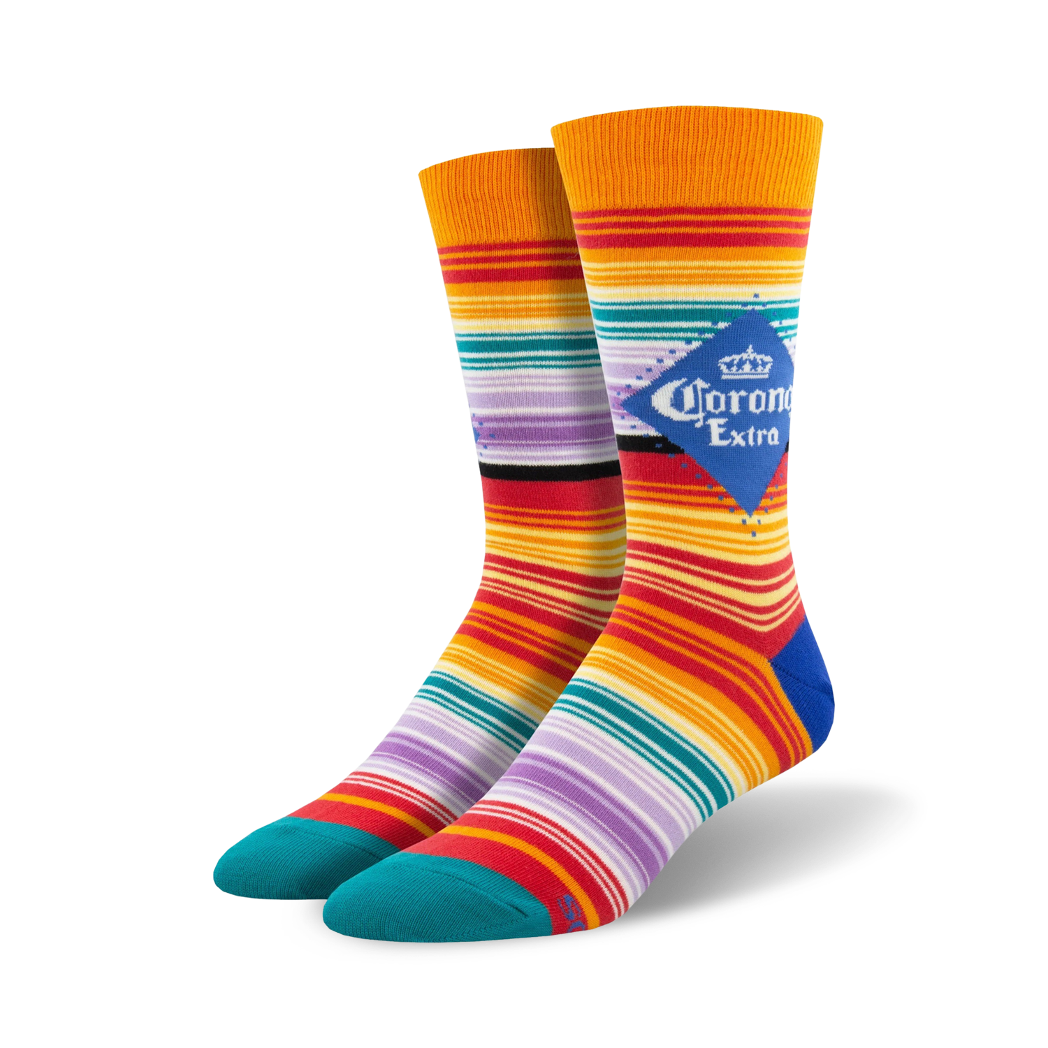 Pair of crew socks with multicolor stripes in orange, red, purple, and teal, featuring a Corona Extra logo.
