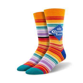 orange, red, purple, green, light blue, and teal striped crew socks with corona extra logo.  