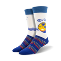 Pair of crew socks; predominantly white with a Corona beer logo featuring a palm tree sunset; blue stripes at the bottom; blue cuffs.