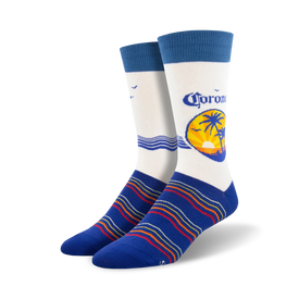 blue and red striped crew socks featuring palm trees and the word "corona" in script. perfect for beer enthusiasts.  