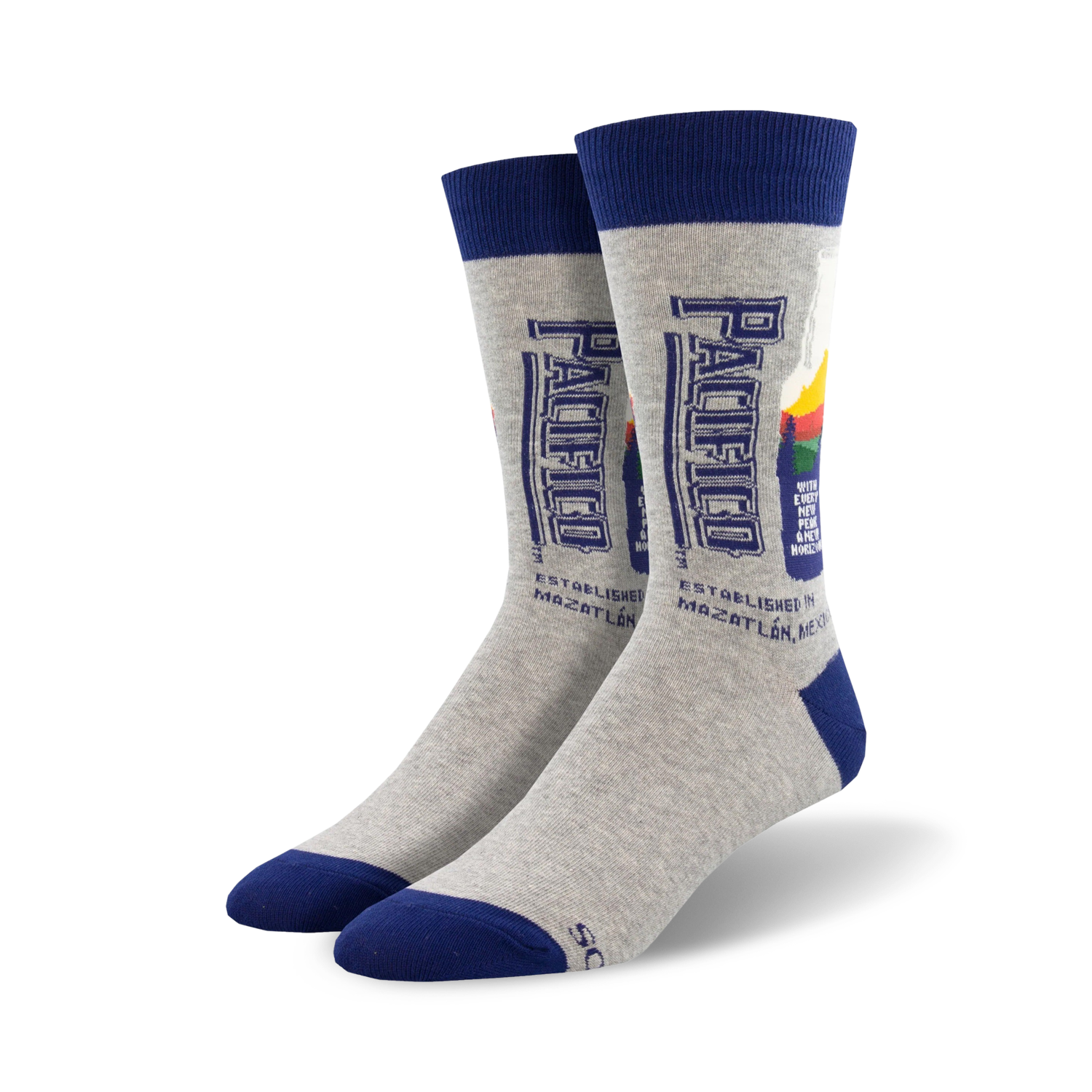 Pair of grey crew socks with a navy blue cuff.  The socks feature a retro-style Pacifico beer bottle graphic.