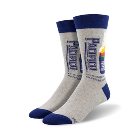 men's crew socks with pacifico bottle, beach, and sunset design in gray with blue trim   