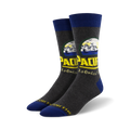 Pair of crew socks in grey with a Pacifico beer-inspired design featuring yellow and blue text and mountain imagery.
