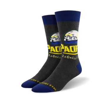 men's crew socks, black with yellow and blue logo featuring pacifico beer logo on front.  
