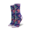 Pair of women's crew socks with a vibrant floral print.  Dark purple base with pink, teal, and orange flowers and leaves.
