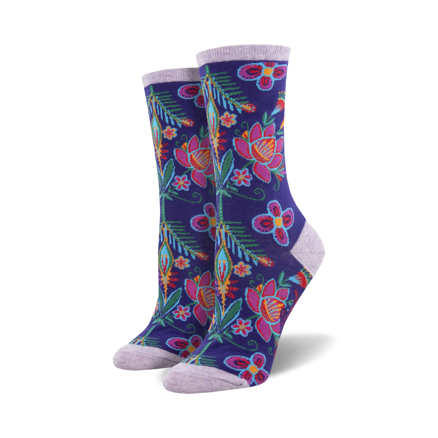 Pair of women's crew socks with a vibrant floral print.  Dark purple base with pink, teal, and orange flowers and leaves.