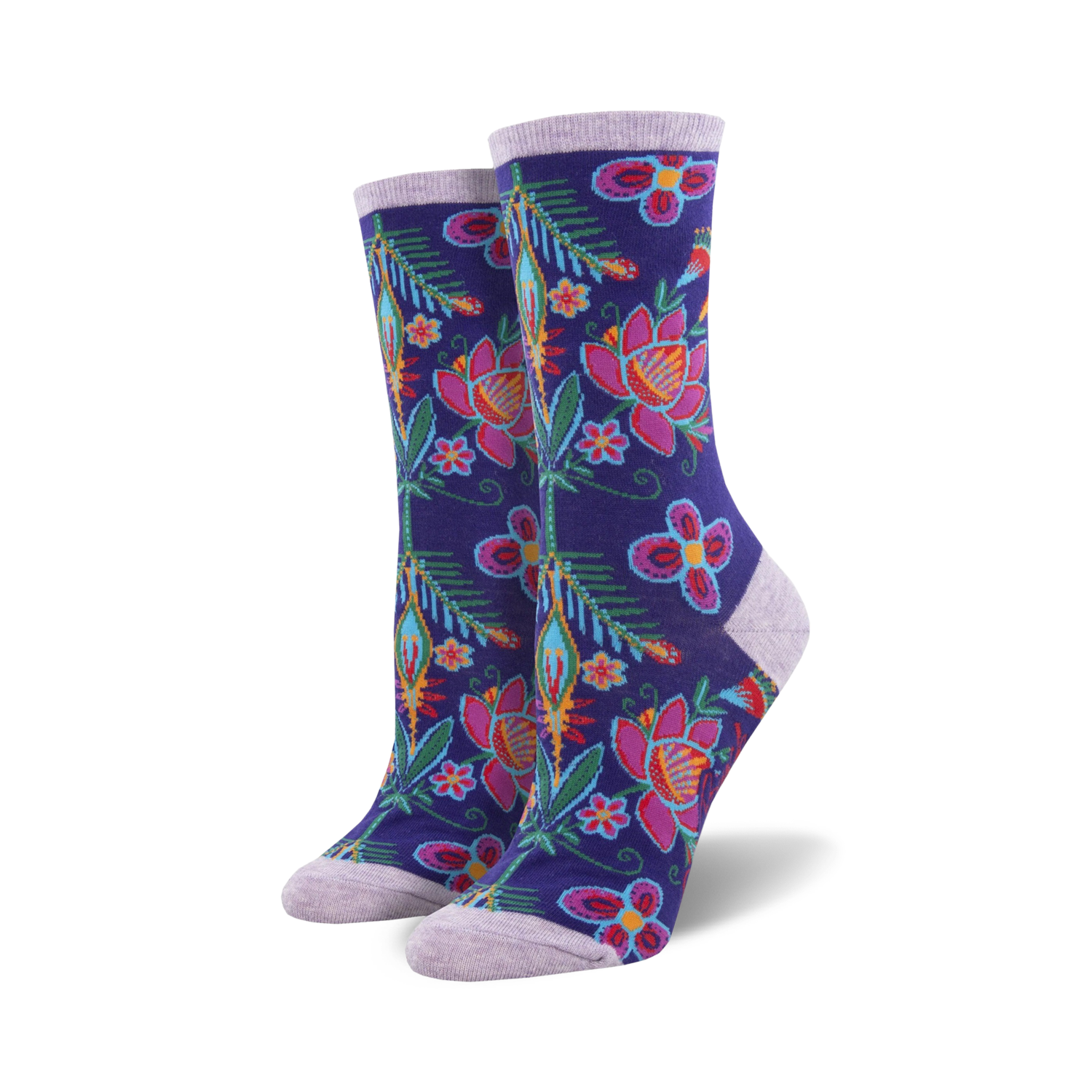 Pair of women's crew socks with a vibrant floral print.  Dark purple base with pink, teal, and orange flowers and leaves.