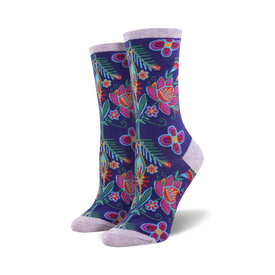 purple crew socks with floral pattern in pink, orange, yellow, blue, green, and brown. perfect for fall.  