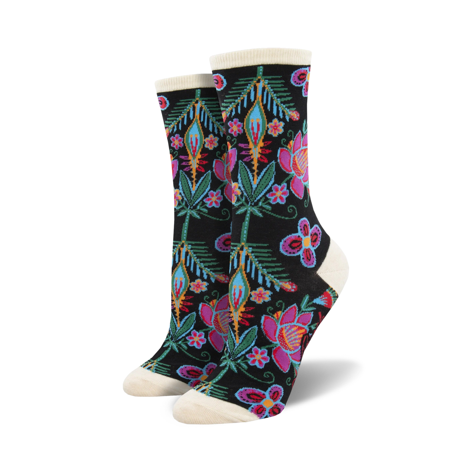 Close-up of Laurel Burch Alyssa Floral socks in black with multicolor flowers. Cream-colored sock top.
