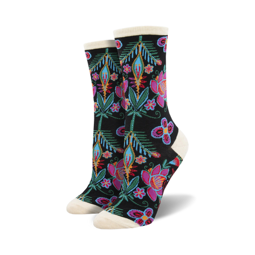 Close-up of Laurel Burch Alyssa Floral socks in black with multicolor flowers. Cream-colored sock top.
