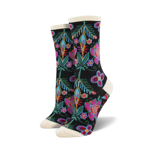 black crew socks with colorful floral pattern.   
