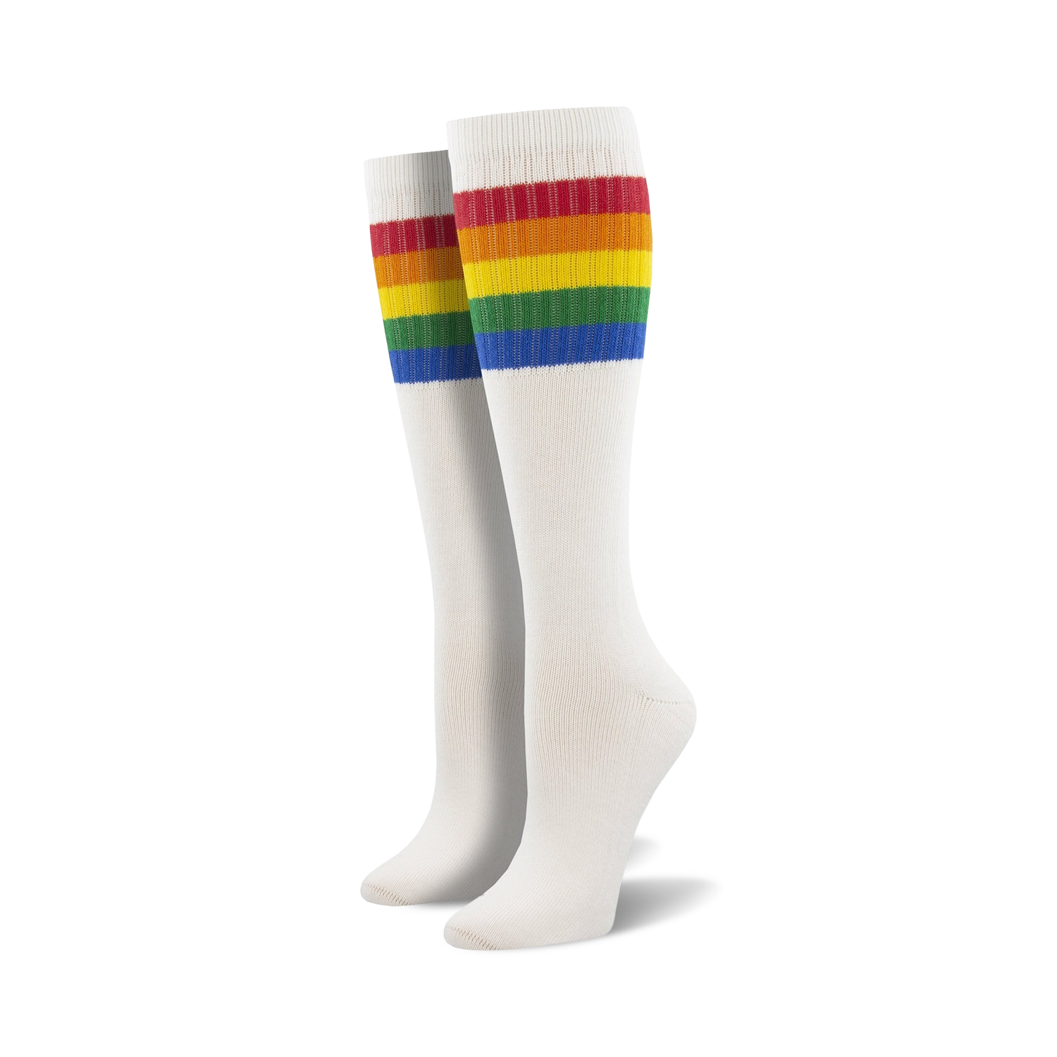 Pair of light blue knee-high socks with a vibrant rainbow striped cuff against a white background.