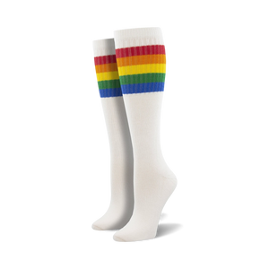 Pair of light blue knee-high socks with a vibrant rainbow striped cuff against a white background.
