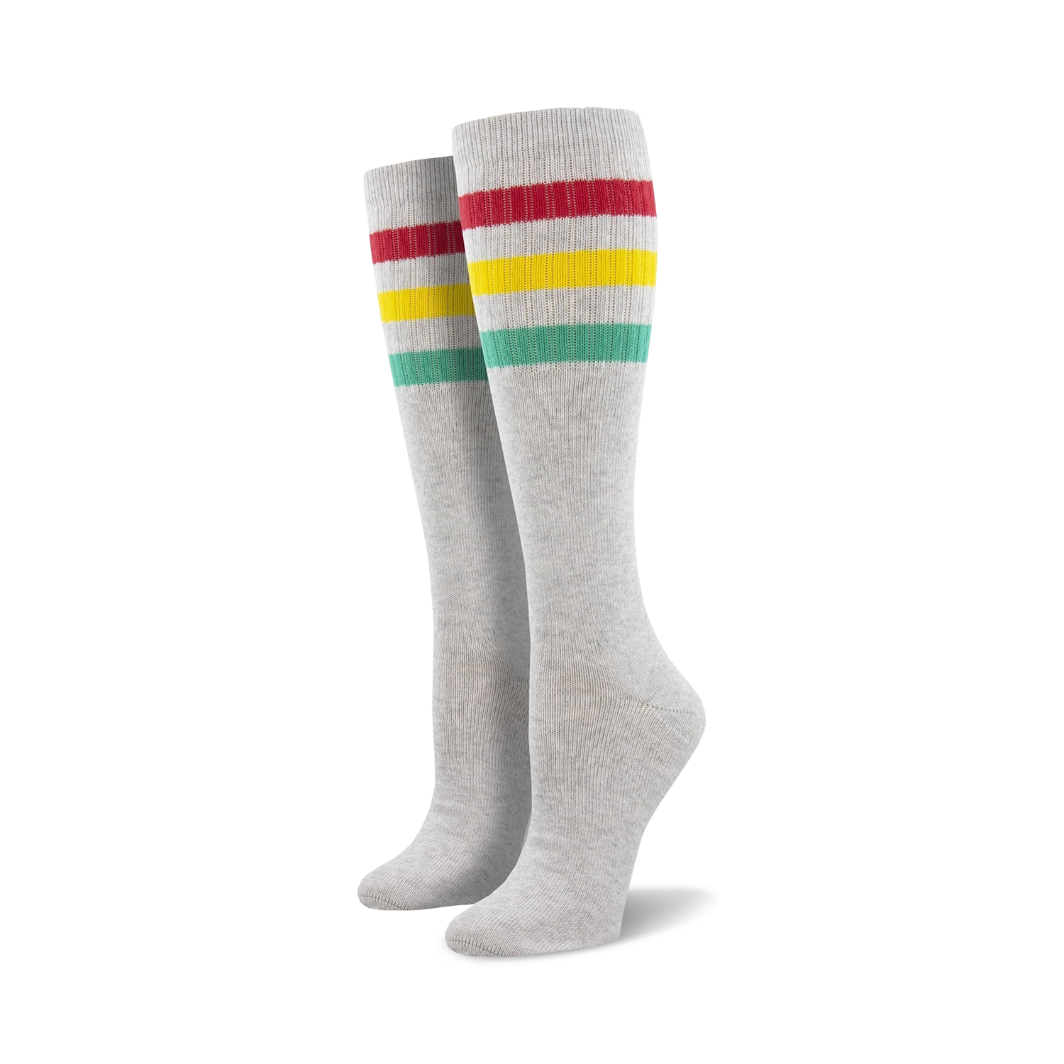 Pair of light blue knee-high socks with a vibrant rainbow striped cuff against a white background.