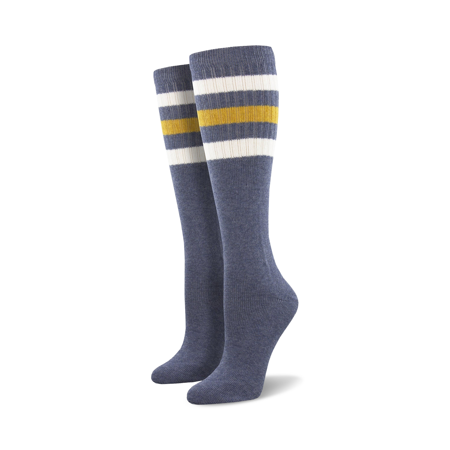 Pair of light blue knee-high socks with a vibrant rainbow striped cuff against a white background.