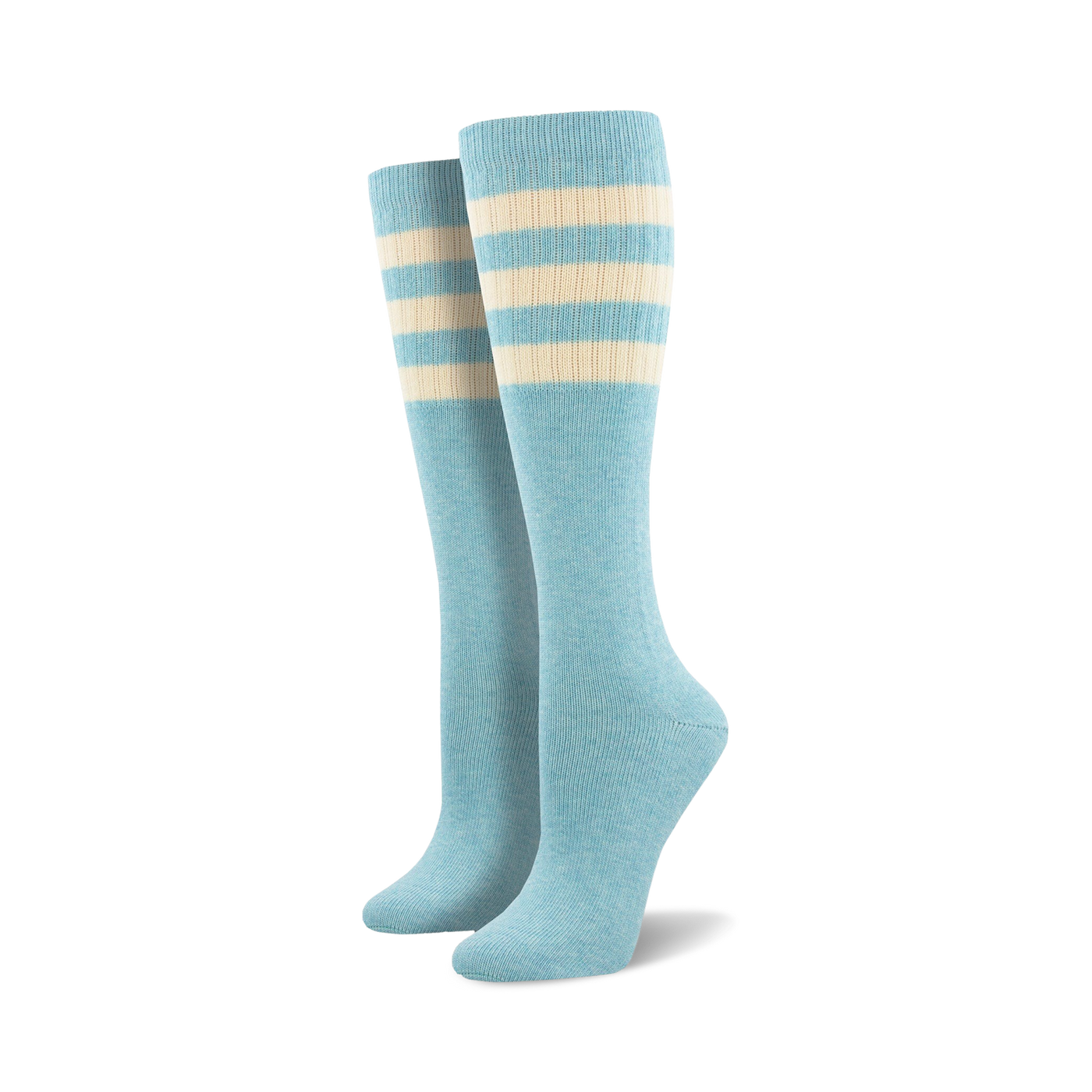 Pair of light blue knee-high socks with a vibrant rainbow striped cuff against a white background.