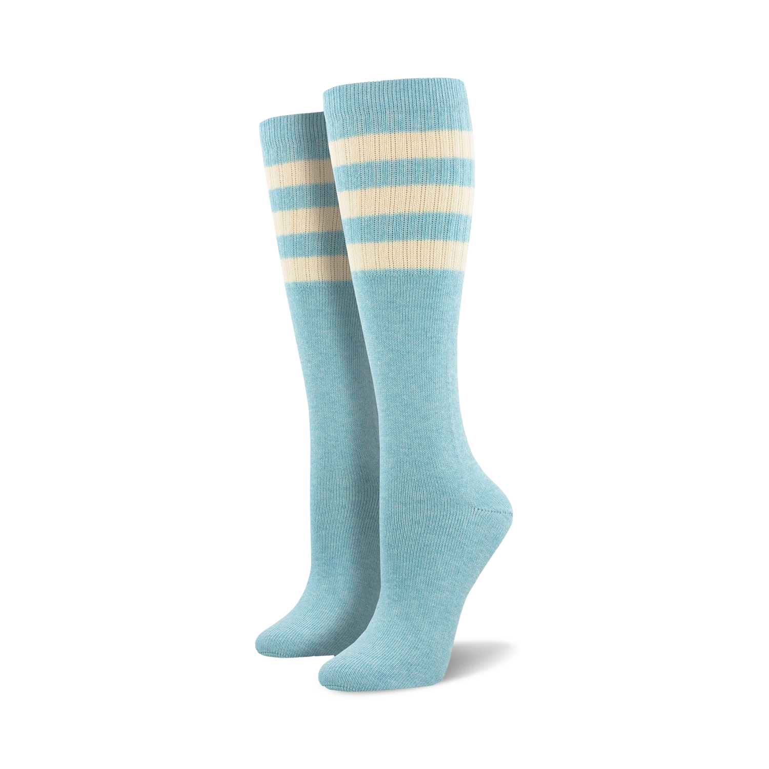 Pair of light blue knee-high socks with a vibrant rainbow striped cuff against a white background.