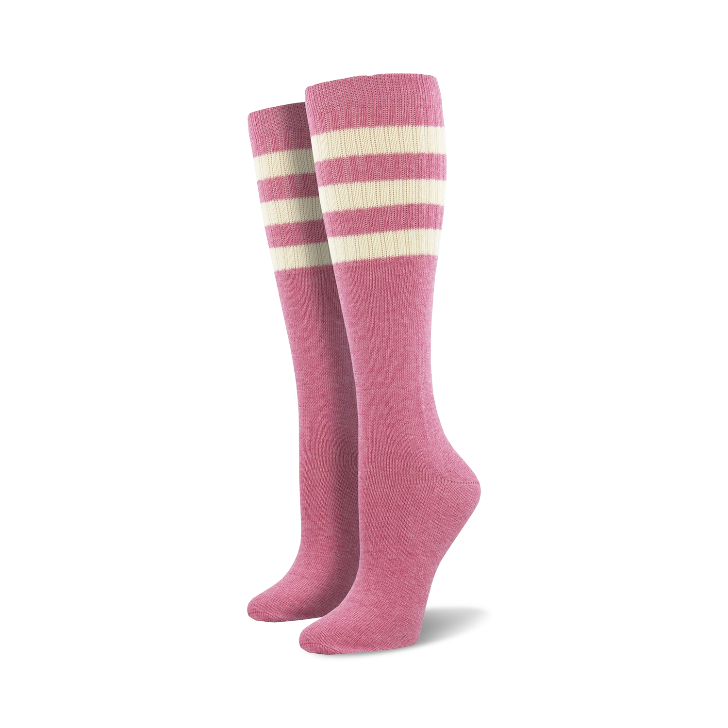 Pair of light blue knee-high socks with a vibrant rainbow striped cuff against a white background.