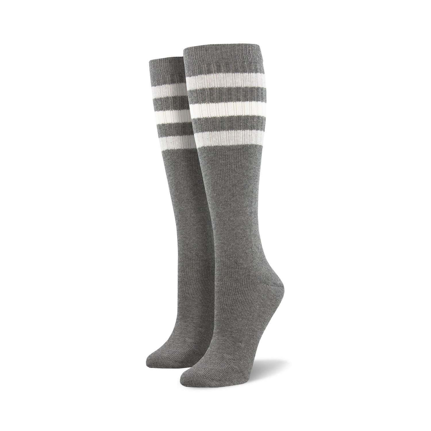 Pair of light blue knee-high socks with a vibrant rainbow striped cuff against a white background.