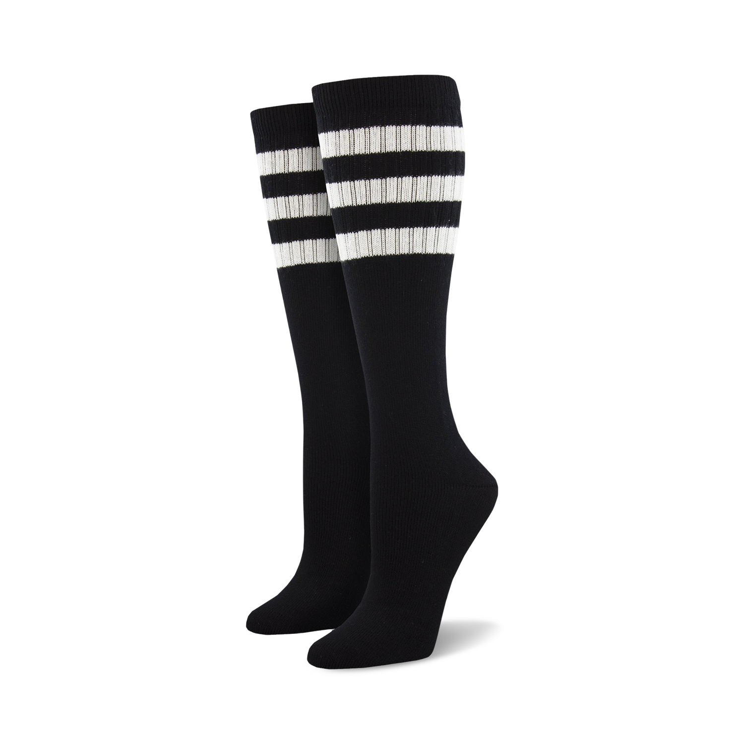 Pair of light blue knee-high socks with a vibrant rainbow striped cuff against a white background.