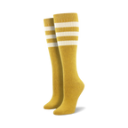 Pair of light blue knee-high socks with a vibrant rainbow striped cuff against a white background.
