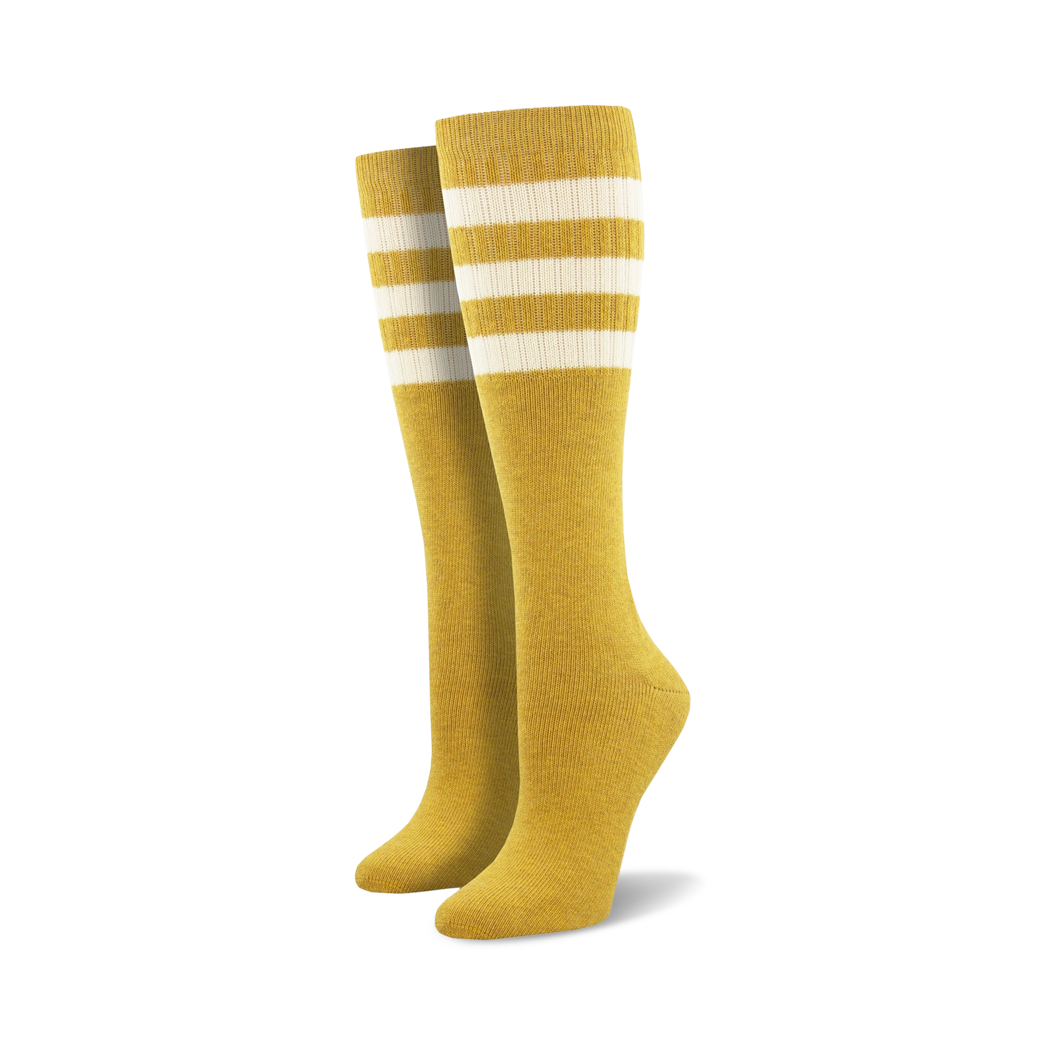 Pair of light blue knee-high socks with a vibrant rainbow striped cuff against a white background.