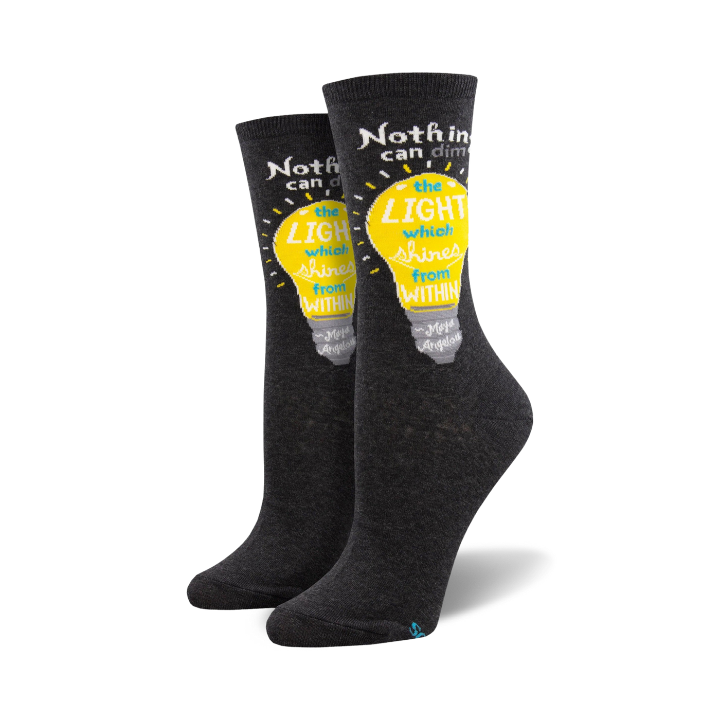Pair of dark gray crew socks with a yellow lightbulb graphic and a Maya Angelou quote: "Nothing can dim the light which shines from within."