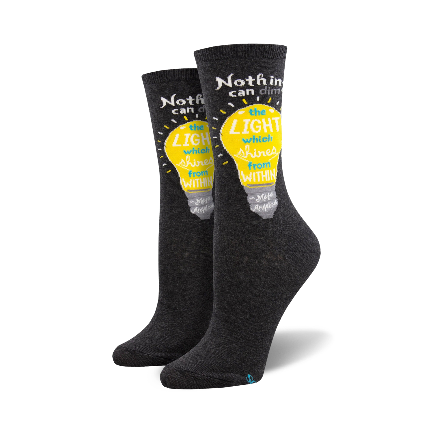 Pair of dark gray crew socks with a yellow lightbulb graphic and a Maya Angelou quote: "Nothing can dim the light which shines from within."