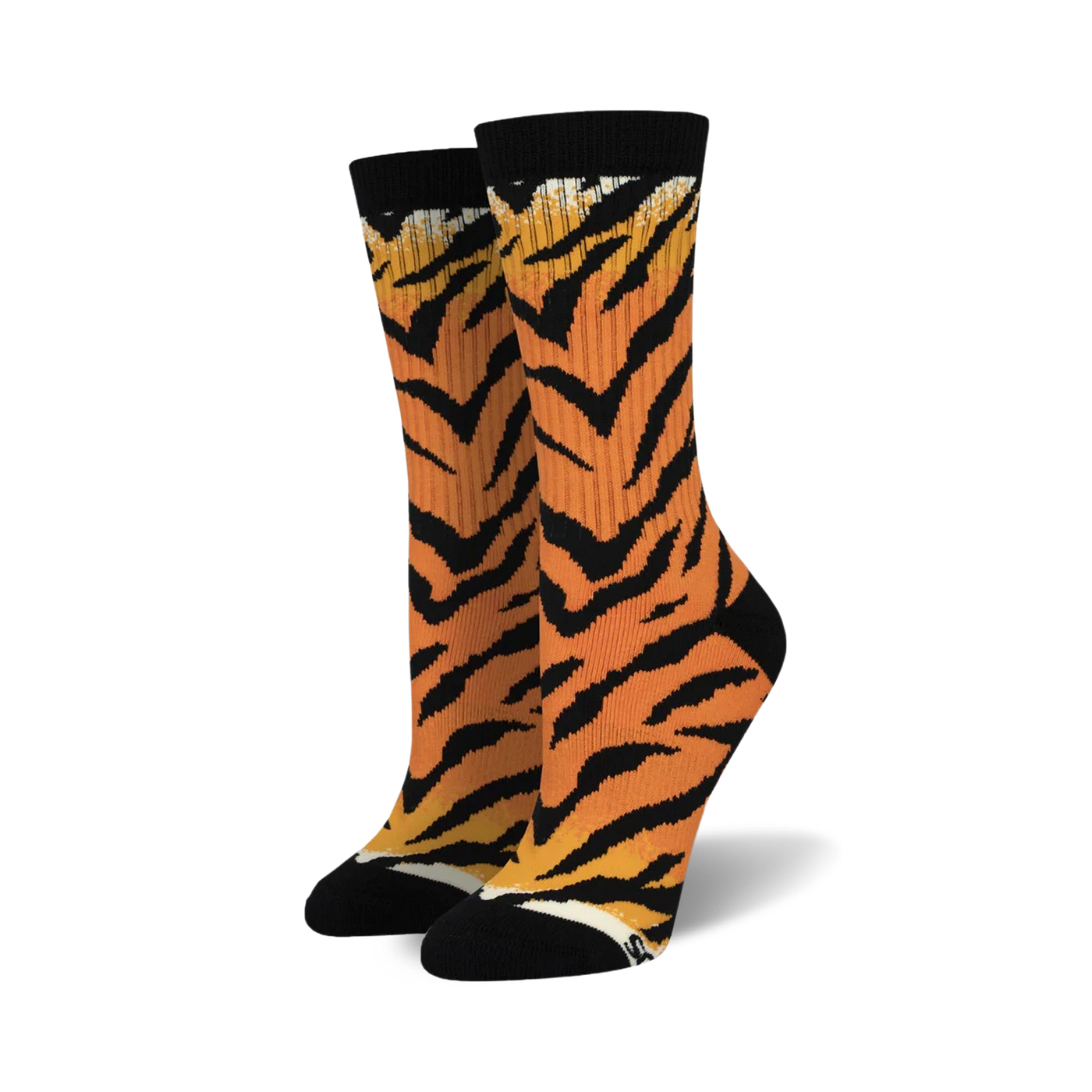 Pair of women's crew socks in orange and black with a tiger stripe pattern.