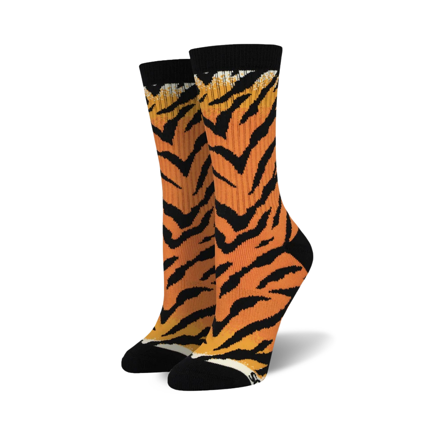 Pair of women's crew socks in orange and black with a tiger stripe pattern.