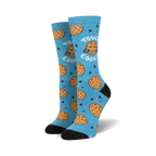 Pair of crew socks; light blue with chocolate chip cookies and grumpy cookie faces; black heel and toe.