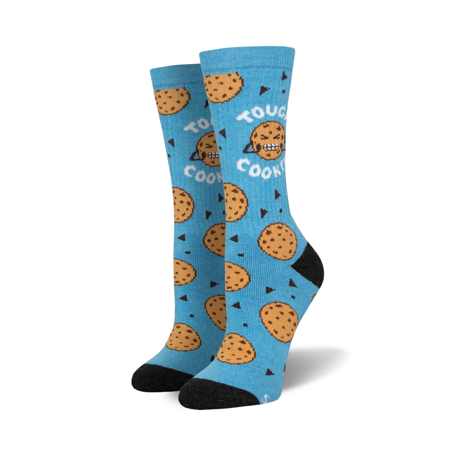 Pair of crew socks; light blue with chocolate chip cookies and grumpy cookie faces; black heel and toe.