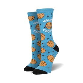 blue tough cookie crew socks, with a chocolate chip cookie pattern and "tough cookie" speech bubble.   