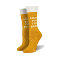 Pair of gold crew socks with a white beer mug graphic and 'Here For The Beer' text.