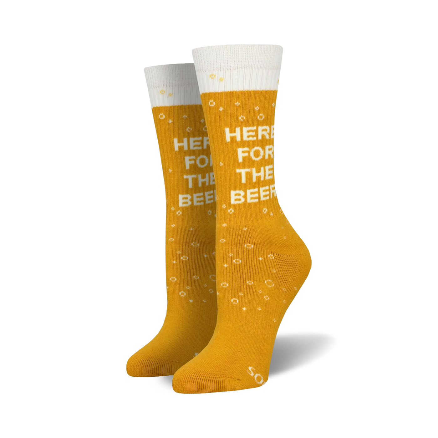 Pair of gold crew socks with a white beer mug graphic and 'Here For The Beer' text.