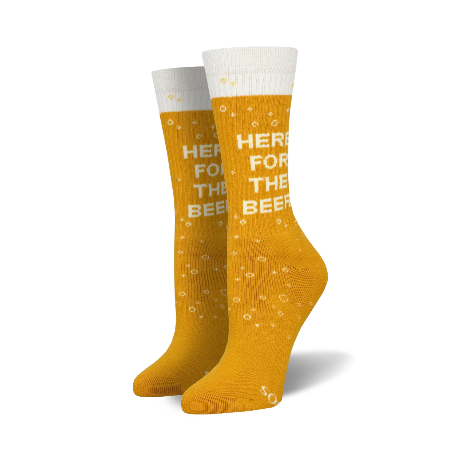 Pair of gold crew socks with a white beer mug graphic and 'Here For The Beer' text.