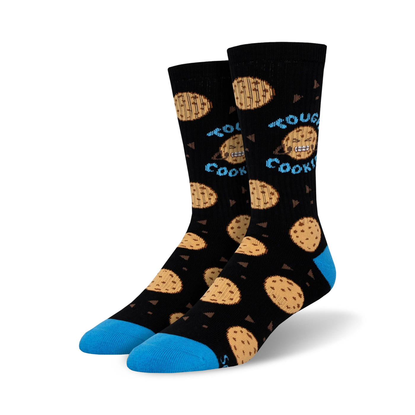 Lifestyle shot of Tough Cookie socks on a person's feet; the socks are black with blue cuffs and chocolate chip cookie designs.