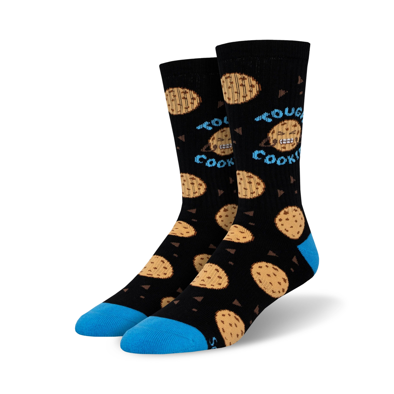 Lifestyle shot of Tough Cookie socks on a person's feet; the socks are black with blue cuffs and chocolate chip cookie designs.