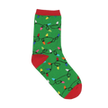 A single green crew sock with a repeating pattern of colorful Christmas lights on black wires, featuring red cuff, heel, and toe.