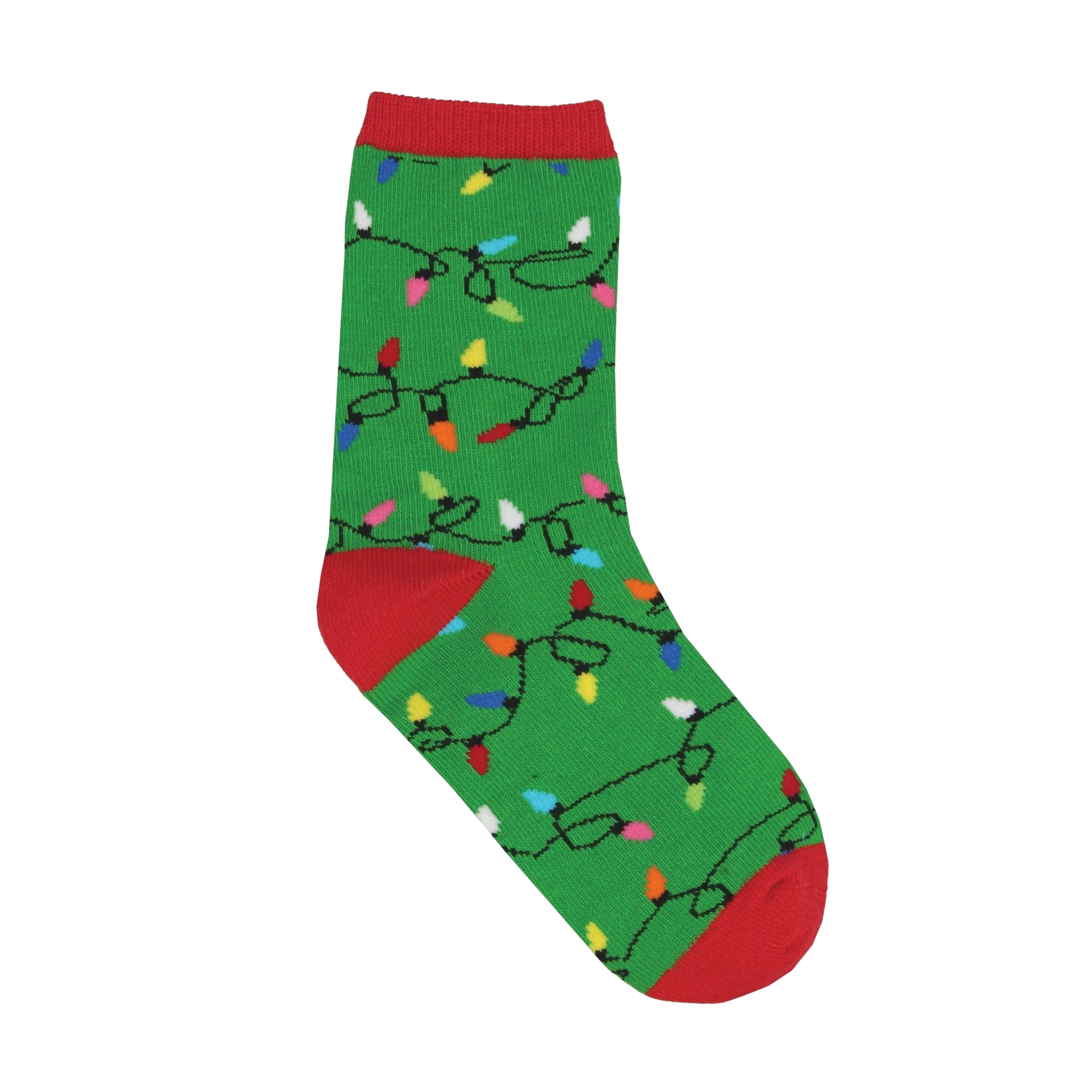 A single green crew sock with a repeating pattern of colorful Christmas lights on black wires, featuring red cuff, heel, and toe.